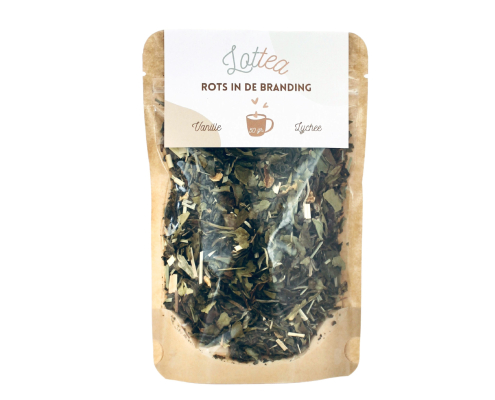 Losse thee in een stazak van het merk Lottea. Deze smaak het rots in de branding een witte thee met de smaak vanille en lychee
