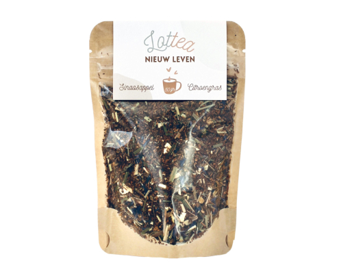 nieuw leven wit Losse thee in een stazak van het merk Lottea. Deze thee heet nieuw leven en is speciaal voor de geboorte.