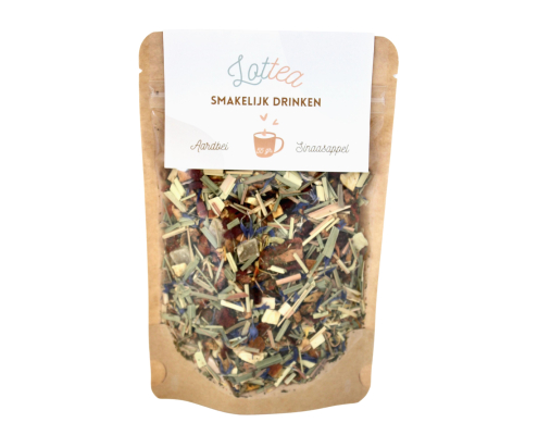 Losse thee in een stazak van het merk Lottea. Deze thee heet smakelijk drinken en is een thee speciaal voor kinderen.