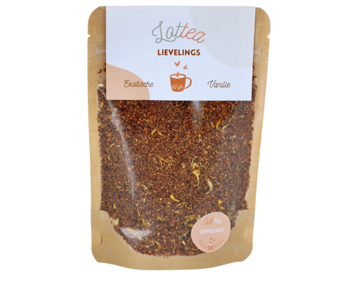 lievelings zak Losse rooibos thee in een stazak van het merk Lottea. Op de zak staat de naam lievelings thee in de smaak exotische vanille.