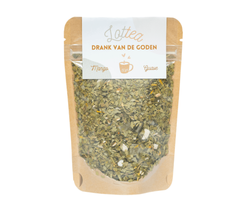 Drank-van-de-goden-stazak Losse groene maté thee in een bruine stazak van het merk Lottea. De thee heet drank van de goden met de smaak mango en guave.