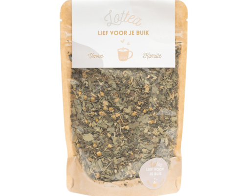 Losse thee in een bruine stazak van het merk Lottea, deze thee heet lief voor je buik thee met de smaak venkel en kamille