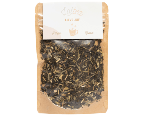 Losse thee in een bruine stazak van het merk Lottea. Deze thee heet lieve juf thee als cadeau voor de juf met perzik en guave smaak.