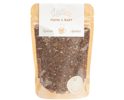 Losse thee in een stazak van het merk Lottea, deze thee heet Mama & baby thee met de smaak lavendel en appelbes, speciaal voor de zwangere vrouw.