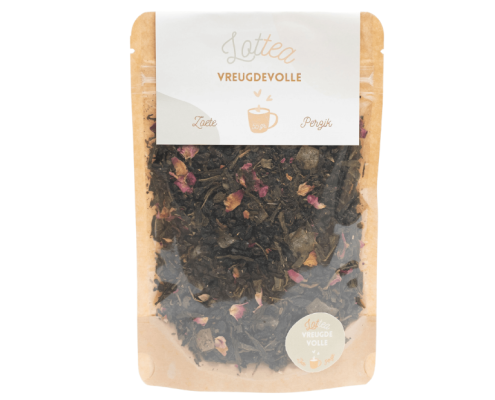 Vreugdevolle-thee Losse thee in een stazak van het merk Lottea, dit is de smaak vreugedevolle thee met zoete perzik.