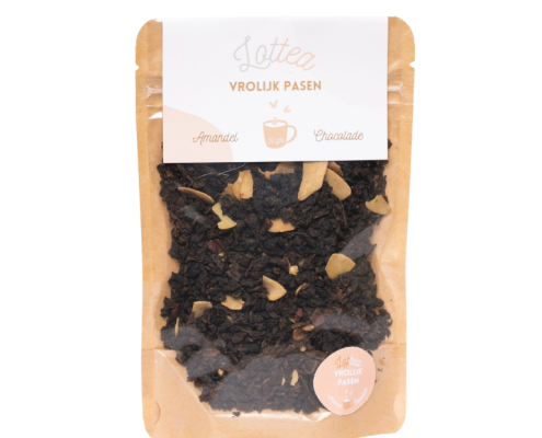 Losse thee in een stazak van het merk Lottea. Dit is de smaak vrolijk pasen een paasthee met chocolade smaak en amandel