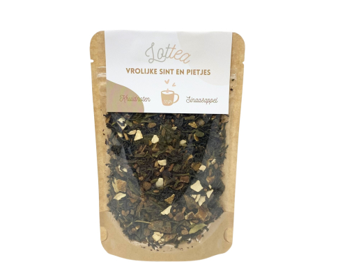 Stazak met losse thee in de smaak vrolijke sint en pietjes thee van het merk Lottea. Een speciale Sinterklaas thee.