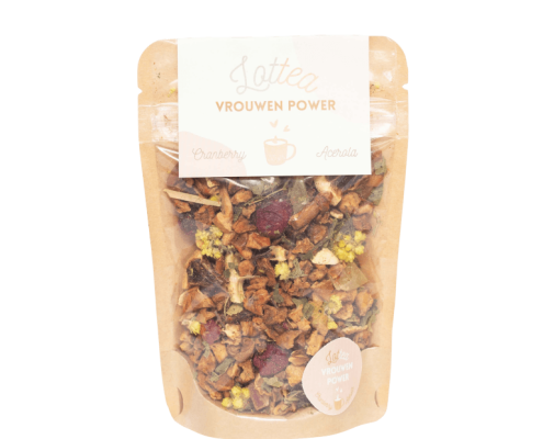 Vrouwen-Power-thee Losse thee in een stazak van Lottea. Dit is de smaak vrouwen power, een kruidenthee voor vrouwen met cranberry