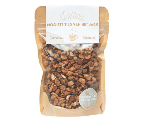 Mooiste-Tijd-van-het-Jaar-thee-stazak Losse thee in een stazak van het merk Lottea. De thee heet mooiste tijd van het jaar thee en heeft de smaak speculaas met karamel.