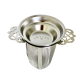 Een zilver theezeefje met het Lottea merk in het lekbakje wat bovenop staat. Het theezeefje heeft twee mooie zijvleugels als een soort bloem.